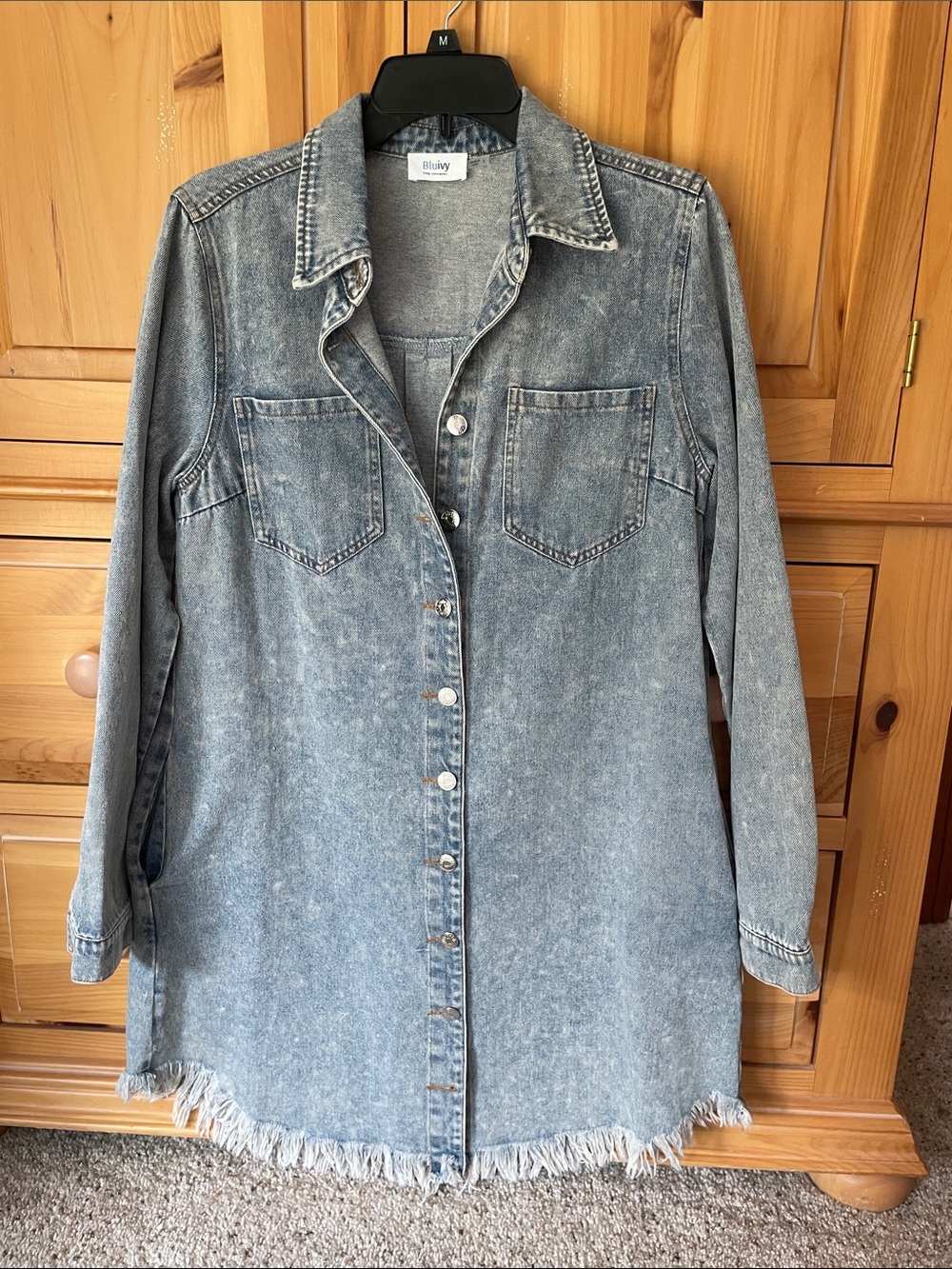 Bluivy Faded Light Blue Denim button up dress with Frayed Hem